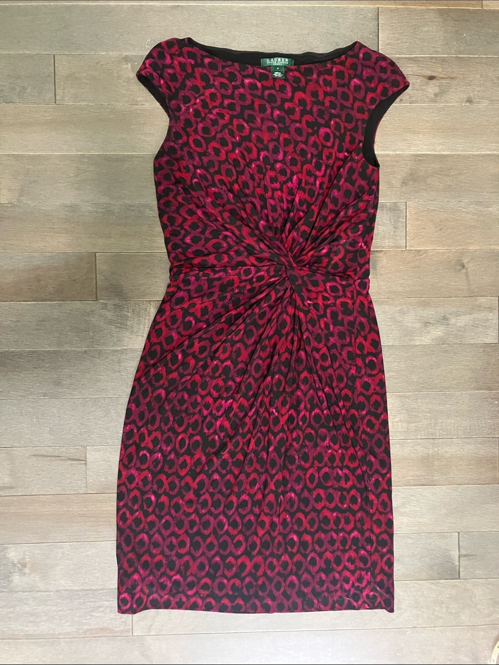 Ralph Lauren Red and Black Twist-Waist Midi Dress Size 8
